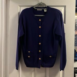 Long sleeve purple cardigan sweater.